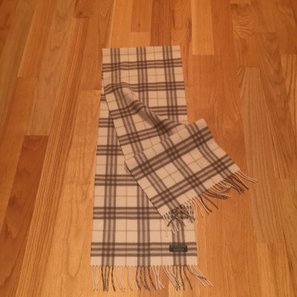Burberry lambswool scarf. Made in England. Brown ivory tan plaid.